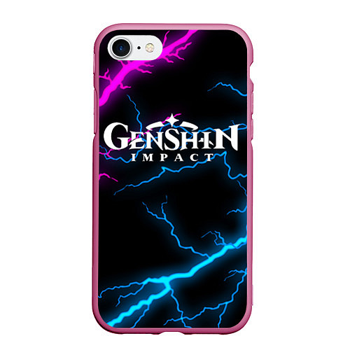 Чехол iPhone 7/8 матовый GENSHIN IMPACT NEON FLASH НЕОНОВЫЕ РАЗРЯДЫ МОЛНИЙ / 3D-Малиновый – фото 1