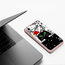 Чехол iPhone 7/8 матовый Новогодний кот в колпаке Санты, цвет: 3D-светло-розовый — фото 2