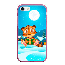 Чехол iPhone 7/8 матовый Новогодние подарки Тигр 2022, цвет: 3D-малиновый