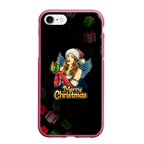 Чехол iPhone 7/8 матовый Merry Christmas Снегурочка с подарком / 3D-Малиновый – фото 1