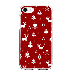 Чехол iPhone 7/8 матовый Новогодние олени и елки на красном фоне, цвет: 3D-белый