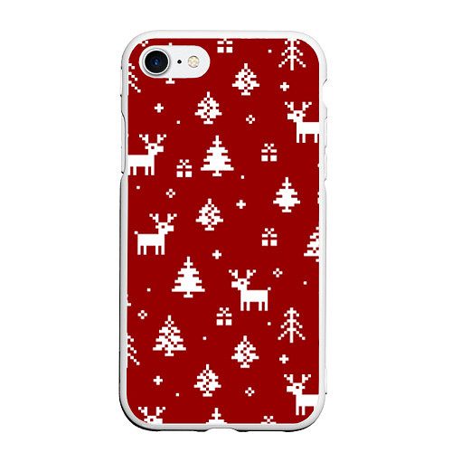 Чехол iPhone 7/8 матовый Новогодние олени и елки на красном фоне / 3D-Белый – фото 1