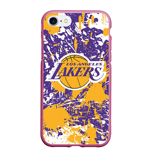 Чехол iPhone 7/8 матовый LAKERS ФИРМЕННЫЕ ЦВЕТА БРЫЗГИ КРАСОК LA / 3D-Малиновый – фото 1