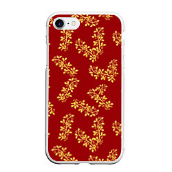 Чехол iPhone 7/8 матовый Золотые веточки на ярко красном фоне, цвет: 3D-белый