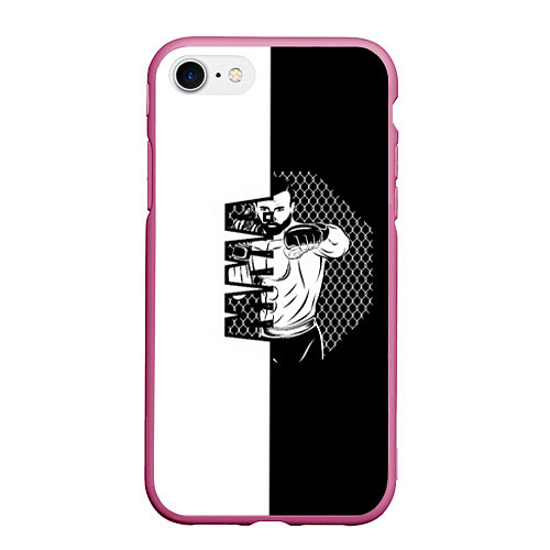 Чехол iPhone 7/8 матовый Боец ММА чёрно-белое / 3D-Малиновый – фото 1