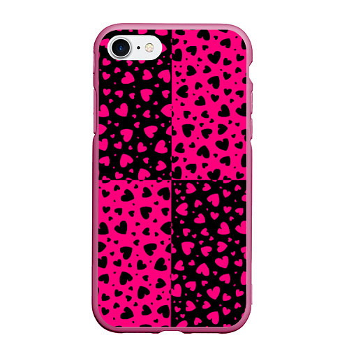Чехол iPhone 7/8 матовый Черно-Розовые сердца / 3D-Малиновый – фото 1