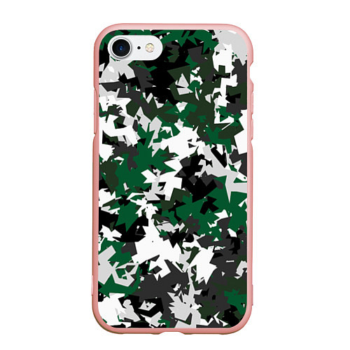 Чехол iPhone 7/8 матовый Зелено-черный камуфляж / 3D-Светло-розовый – фото 1