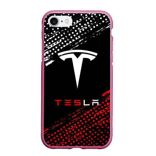 Чехол iPhone 7/8 матовый Tesla - Logo Pattern / 3D-Малиновый – фото 1