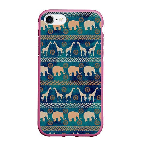Чехол iPhone 7/8 матовый Жирафы и слоны / 3D-Малиновый – фото 1