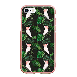 Чехол iPhone 7/8 матовый Белые попугаи и листья, цвет: 3D-светло-розовый
