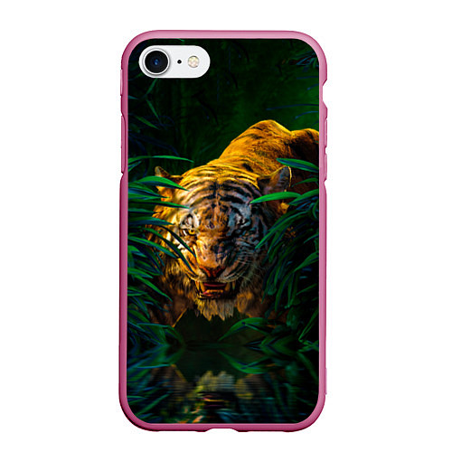 Чехол iPhone 7/8 матовый Крадущийся тигр в джунглях / 3D-Малиновый – фото 1