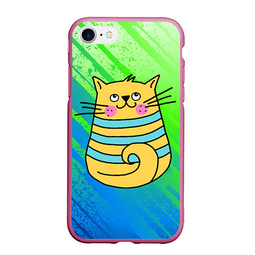 Чехол iPhone 7/8 матовый Желтый кот в зеленую полоску / 3D-Малиновый – фото 1