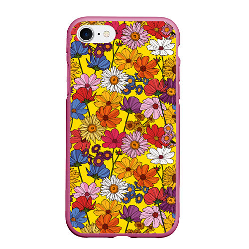 Чехол iPhone 7/8 матовый Цветочки-лютики на желтом фоне / 3D-Малиновый – фото 1
