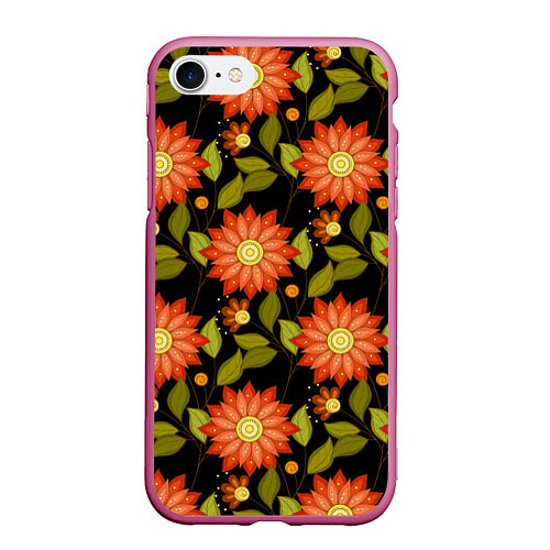 Чехол iPhone 7/8 матовый Оранжевые цветы на черном фоне / 3D-Малиновый – фото 1