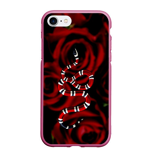 Чехол iPhone 7/8 матовый Змея в Цветах Розы Snake Rose / 3D-Малиновый – фото 1