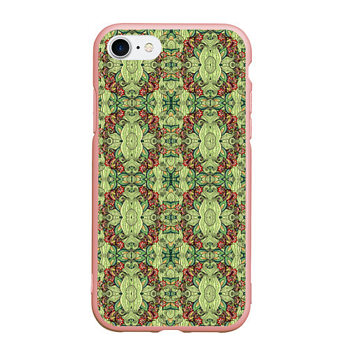 Чехол iPhone 7/8 матовый Зеленые и коричневые узоры / 3D-Светло-розовый – фото 1