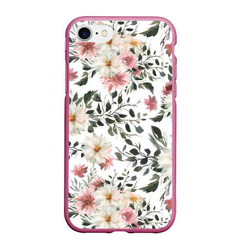 Чехол iPhone 7/8 матовый Цветы Акварельно-Белые / 3D-Малиновый – фото 1