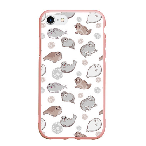 Чехол iPhone 7/8 матовый Милые тюлени / 3D-Светло-розовый – фото 1