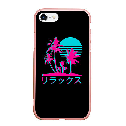 Чехол iPhone 7/8 матовый Неоновые пальмы Иероглифы Neon Palm Tree / 3D-Светло-розовый – фото 1