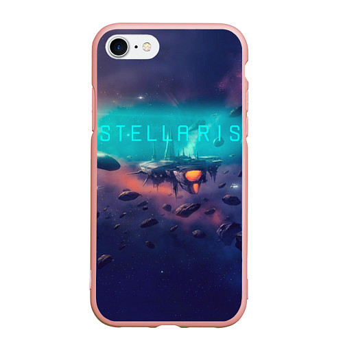 Чехол iPhone 7/8 матовый Stellaris космический корабль на фоне астероидов / 3D-Светло-розовый – фото 1