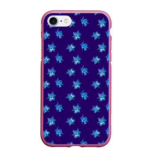 Чехол iPhone 7/8 матовый Цветы Фиолето-Белые Гибискус На Синем Фоне / 3D-Малиновый – фото 1
