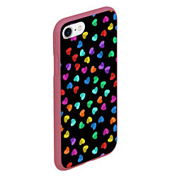 Чехол iPhone 7/8 матовый Сердечки разноцветные на черном, цвет: 3D-малиновый — фото 2