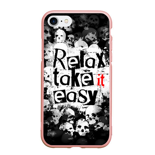 Чехол iPhone 7/8 матовый Relax Take it easy надпись с черепами / 3D-Светло-розовый – фото 1