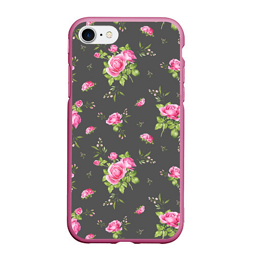 Чехол iPhone 7/8 матовый Розовые розы на сером фоне / 3D-Малиновый – фото 1