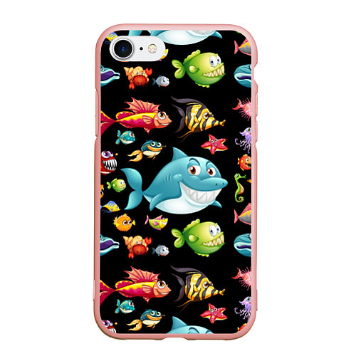 Чехол iPhone 7/8 матовый Прикольная акула и другие жители океана / 3D-Светло-розовый – фото 1