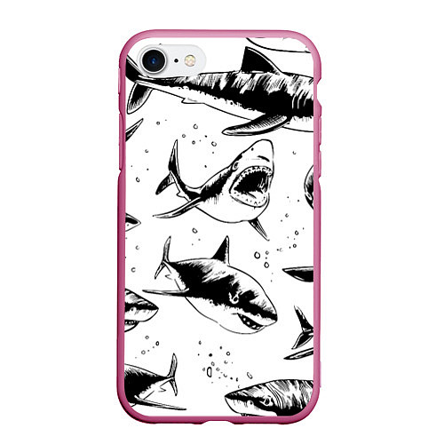 Чехол iPhone 7/8 матовый Кровожадные акулы - стая / 3D-Малиновый – фото 1