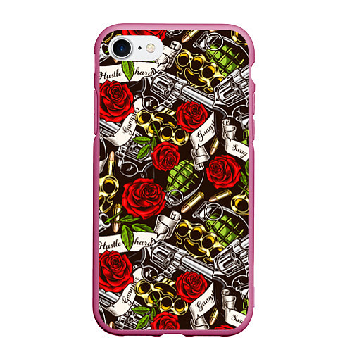 Чехол iPhone 7/8 матовый Мафия - кастеты, гранаты, пистолеты и розы / 3D-Малиновый – фото 1