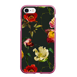 Чехол iPhone 7/8 матовый Цветы Нарисованные Красные Розы и Лилии На Коричне, цвет: 3D-малиновый