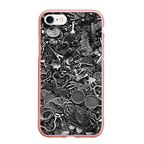 Чехол iPhone 7/8 матовый Металлические шильдики и брелоки - стимпанк / 3D-Светло-розовый – фото 1
