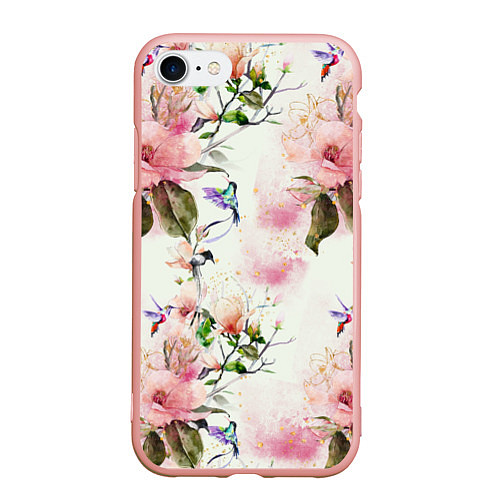 Чехол iPhone 7/8 матовый Цветы Нарисованные Магнолии и Разноцветные Птицы / 3D-Светло-розовый – фото 1