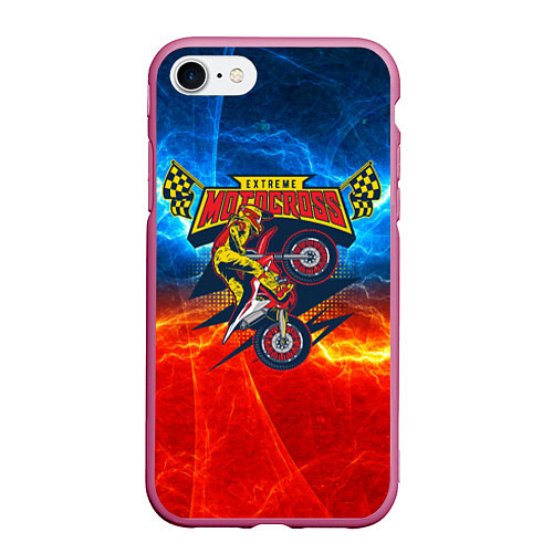 Чехол iPhone 7/8 матовый Extreme motocross: мотоциклист на фоне огня / 3D-Малиновый – фото 1