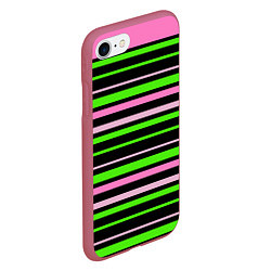 Чехол iPhone 7/8 матовый Полосаты узор в зелено-розовых оттенках на черном, цвет: 3D-малиновый — фото 2