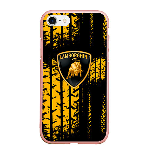 Чехол iPhone 7/8 матовый Lamborghini - жёлтые следы шин / 3D-Светло-розовый – фото 1