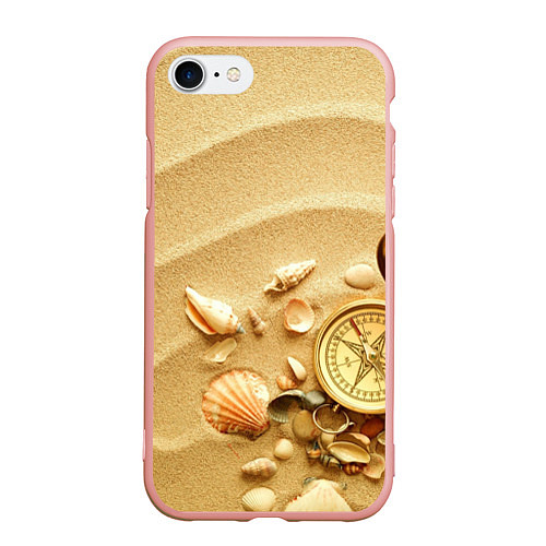 Чехол iPhone 7/8 матовый Композиция из ракушек и компаса на песке / 3D-Светло-розовый – фото 1