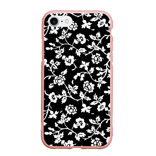 Чехол iPhone 7/8 матовый Белые цветы на чёрном фоне Белые цветы на чёрном ф / 3D-Светло-розовый – фото 1