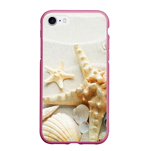 Чехол iPhone 7/8 матовый Морские звёзды и ракушки на океанском берегу / 3D-Малиновый – фото 1