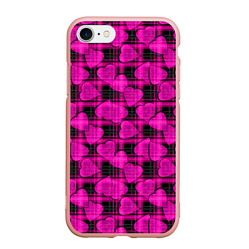 Чехол iPhone 7/8 матовый Black and pink hearts pattern on checkered / 3D-Светло-розовый – фото 1