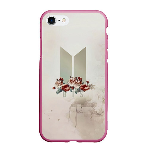 Чехол iPhone 7/8 матовый BTS Logo And Flowers / 3D-Малиновый – фото 1