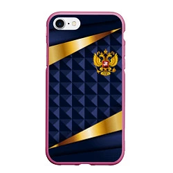 Чехол iPhone 7/8 матовый Золотой герб России на объемном синим фоне, цвет: 3D-малиновый