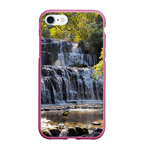Чехол iPhone 7/8 матовый Водопад, солнечные лучи и лес / 3D-Малиновый – фото 1