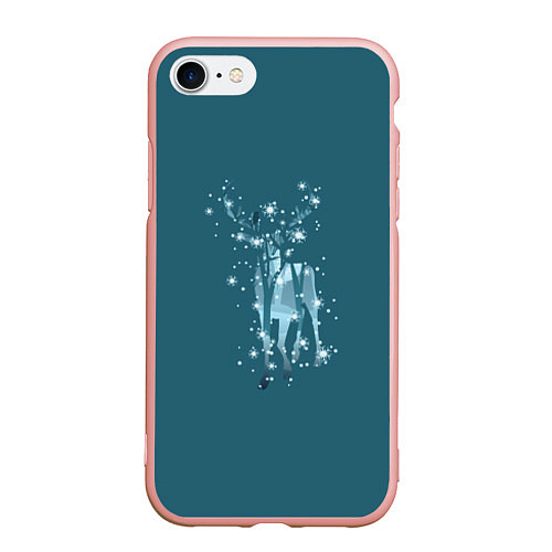 Чехол iPhone 7/8 матовый Деревья и снежинки в силуэте идущего оленя / 3D-Светло-розовый – фото 1