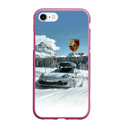 Чехол iPhone 7/8 матовый Porsche on a mountain winter road, цвет: 3D-малиновый