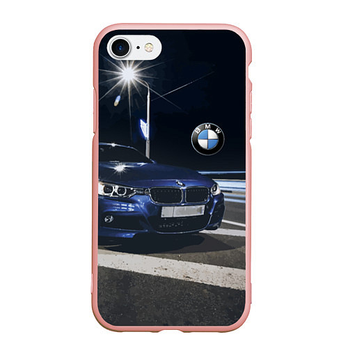 Чехол iPhone 7/8 матовый BMW на ночной трассе / 3D-Светло-розовый – фото 1