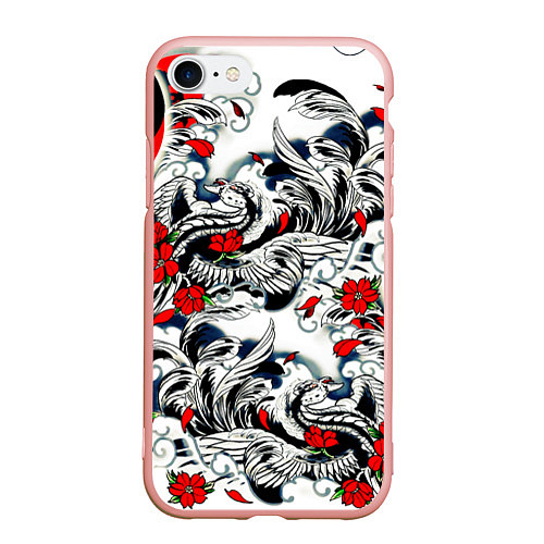 Чехол iPhone 7/8 матовый Красные цветы и птицы / 3D-Светло-розовый – фото 1