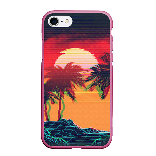 Чехол iPhone 7/8 матовый Пальмы и пляж на закате с помехами VHS ретро дизай / 3D-Малиновый – фото 1