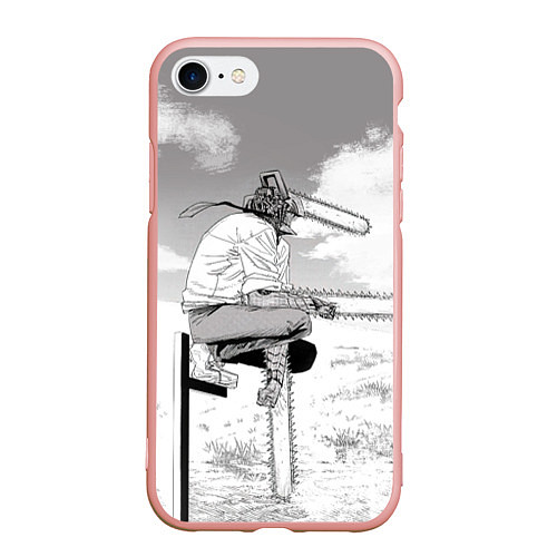 Чехол iPhone 7/8 матовый Дэнжи - Человек бензопила / 3D-Светло-розовый – фото 1
